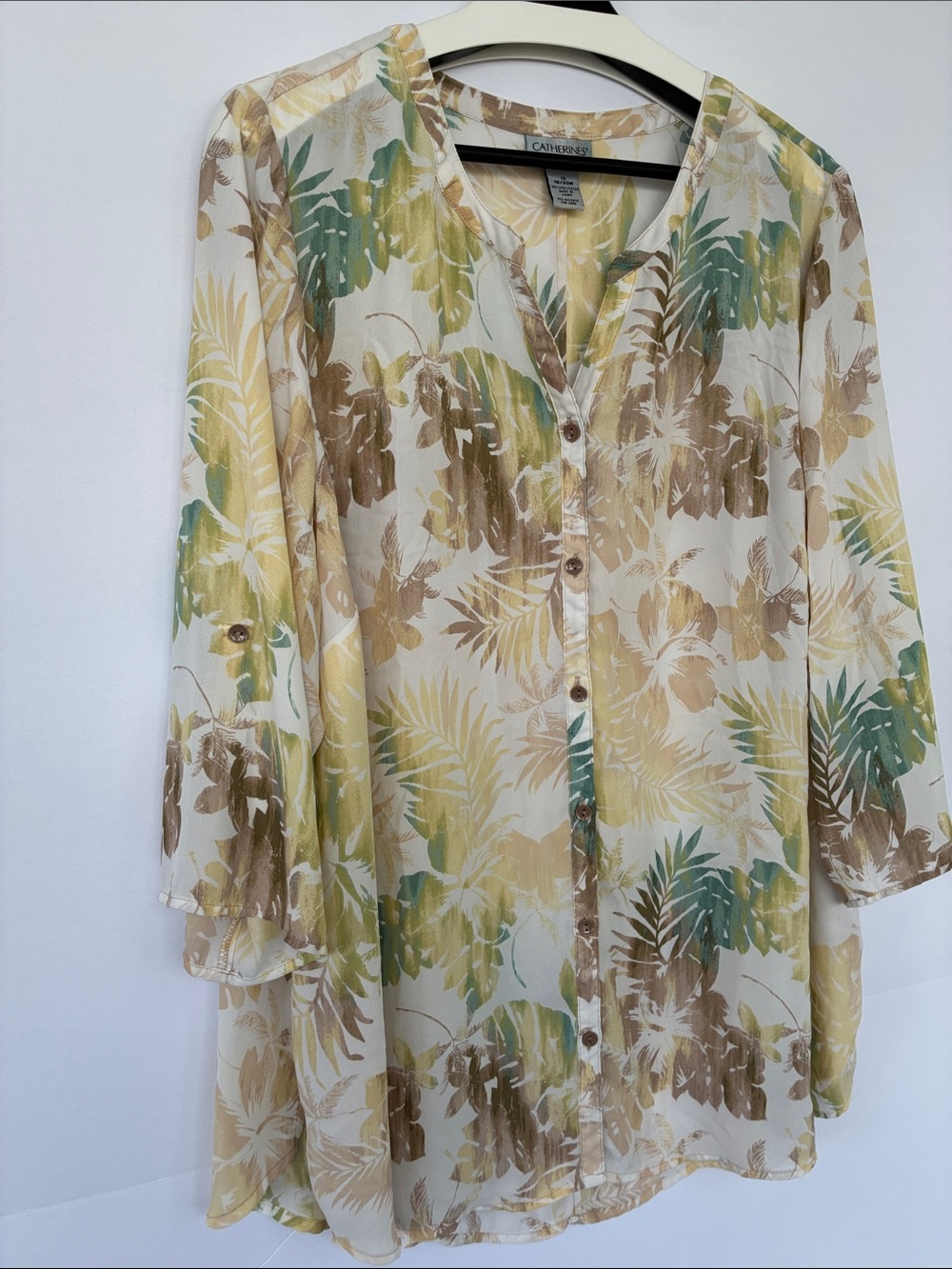 Catherines Cream Button-Front Tunic with Green and Brown Leaf Print 1X - Picture 5 of 15